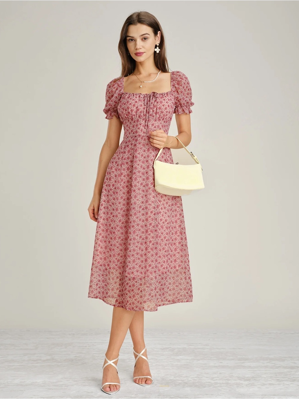 Rihoas Pink Square Neck Floral Chiffon Midi Dress - Picture 6 of 8